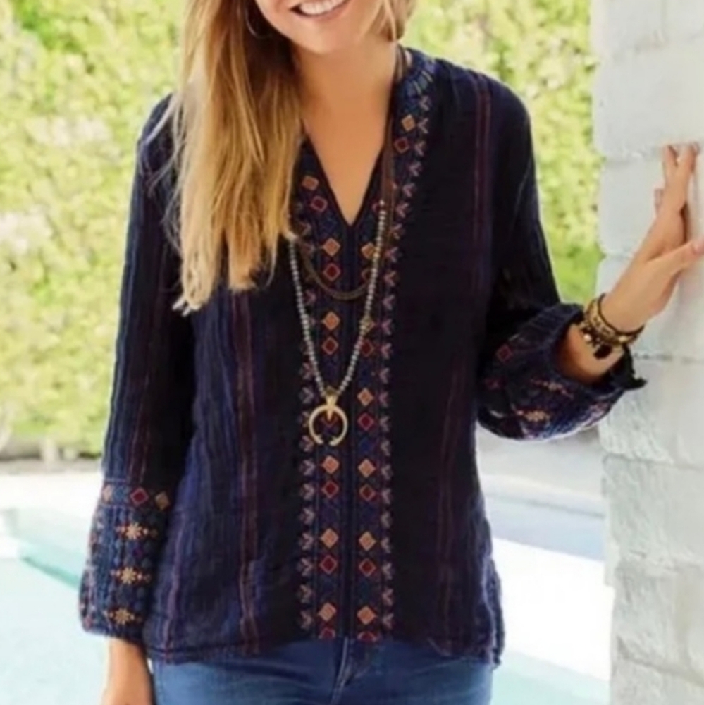 Johnny Was Vika Paris Effortless Blouse Dark Blue Plaid Embroidered Size Med